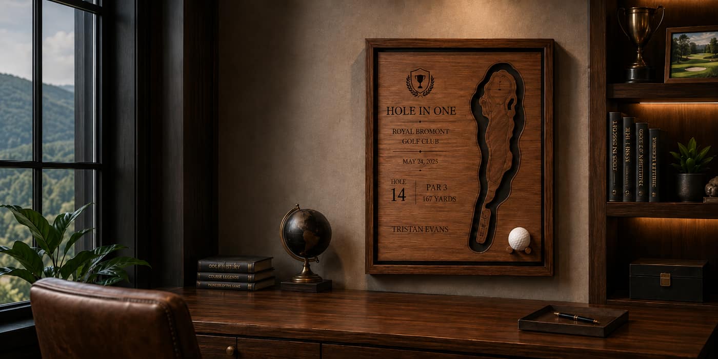 Framed etched hole-in-one golf map in a walnut home office