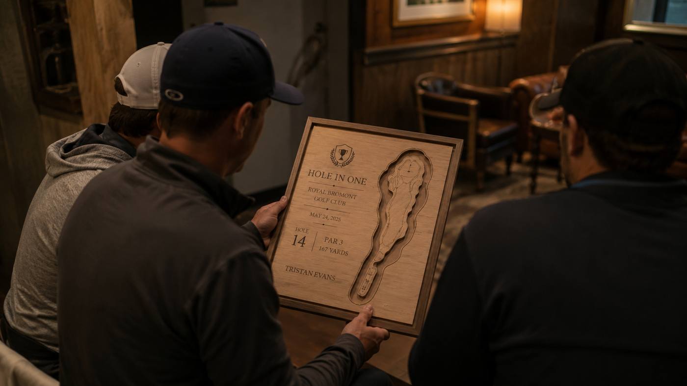 Three golfers in a clubhouse admiring a personalized etched hole-in-one plaque