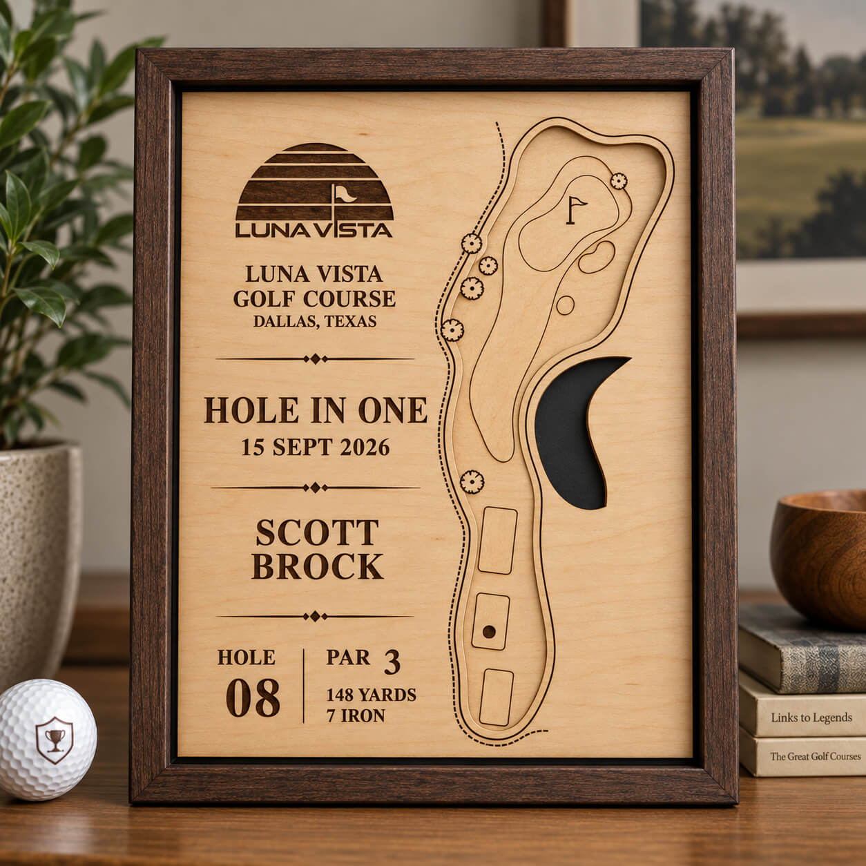 Finished framed wooden map of Luna Vista Golf Course